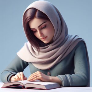 بانوی ایرانی در حال مطالعه Persian Woman Sitting at a desk, reading a book